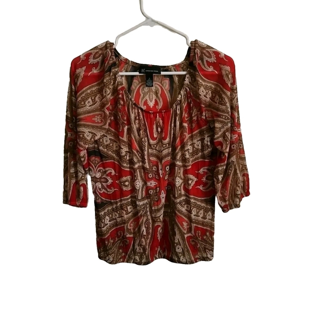 Inc International red Paisley Print Mesh 3/4 Sleeves Top small